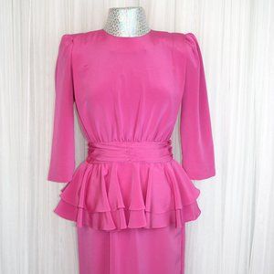 1980s Vintage Size Small/Medium Hot Pink Ruffle Peplum Midi Dress With Structure